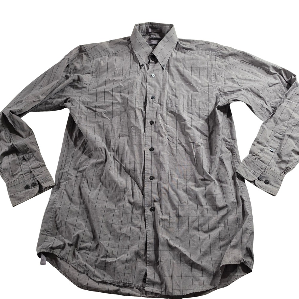 Geoffrey Beene Mens Grey Peached Cotton Windowpane Button Down Shirt M 34/35